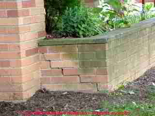 Photograph of frost push and step cracking in a brick retaining wall.