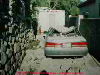 Chimney crushes car © Daniel Friedman at InspectApedia.com
