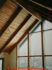 Ridge beam structure below a cathedral ceiling © Daniel Friedman at InspectApedia.com