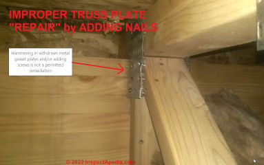 Improper repair of separated russ plate by adding nails (C) InspectApedia.com CB