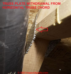 Truss plate separated, probably by mis-handling of trusses at the jobsite (C) InspectApedia.com B