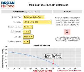 Broan Nutone exhaust fan maximum duct length calculation example - cited & discussed at InspectApedia.com