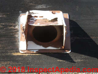 Unsafe bath exhaust vent or dryer exhaust vent termination invites animal entry and blockage (C) Daniel Friedman InspectApedia.com