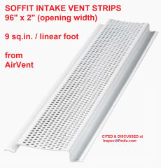 Soffit intake vent strips 96" x 2" give 9 sq.in. per Linear foot; AirVent & other manufacturers - cited & discussed at Inspectapedia.com