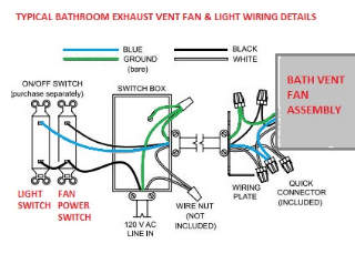 Bath exaust vent fan and light wiring details (C) InspectApedia.com adapted ferom Utilitech vent fan installation instructions provided here (C) InspectApedia.com