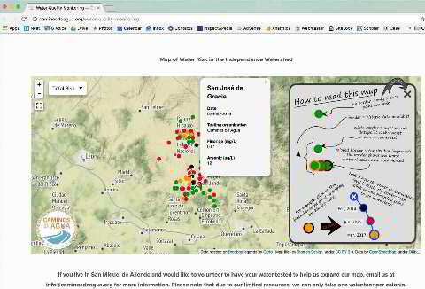 Example of water quality test results on Caminos de Agua map,  San Miguel de Allende, Guanajuato, Mexico - at Inspectapedia.com original source: http://caminosdeagua.org/water-quality-monitoring