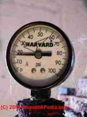 Photo of a water pressure gauge showing pressure below pump cut-in