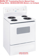 Moffat 30" Freestanding Electric Manual Clean Range White - MCBS523DN1WW cited  & discussed at InspectApedia.com