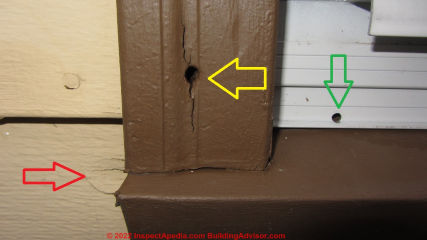 Subtle signs of rot in brickmold wood window trim and wood siding (C) InspectApedia.com Steve Bliss