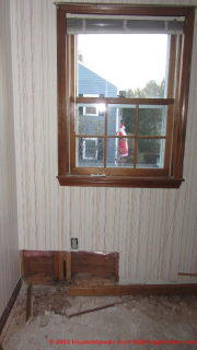 Extensive leak damage in wall traced to window flashing failure (C) InspectApedia.com Steve Bliss