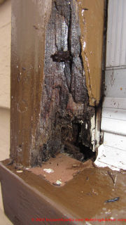 Rotted window trim at leaky building (C) InspectApedia.com Steve Bliss