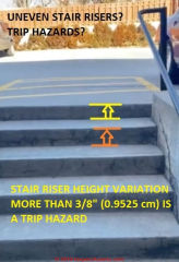 Stair step risers varying more than 3/8" (0.9525) cm step to step surface are a trip hazard (C) InspectApedia.com BP