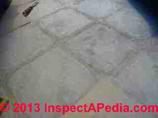 Ceramic tiles lifting due to wet subfloor struture (C) InspectAPedia