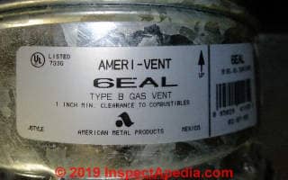 Ameri-Vent 6EAL Type B Gas Vent fire clearance distance label (C) Daniel Friedman at InspectApedia.com