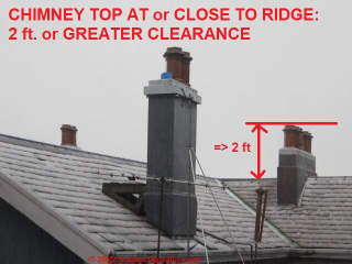 Chimnney clearance requirements for chimnneys near or at the ridge of the roof - chimneys in New Zealand (C) Daniel Friedman at InspectApedia.com