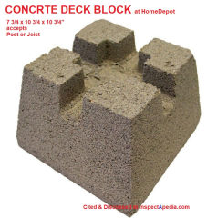 10 3/4" concrete deck post or joist block support cited & discussed at InspectApedia.com Home Depot stores