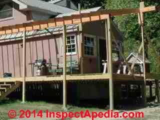 Tall deck or porch posts run continuously up from their piers provide rigid guardrail support (C) Daniel Friedman