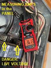 Measuring Amps draw in the electrical panel (C) InspectApedia.com Bill