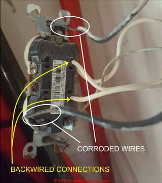 Corroded metal parts contributd to electrical failure of this back-wired receptacle at a beach house (C) InspectApedia.com Curt Russell