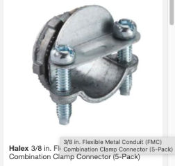 FMC Connecctor for flexible metal conduit joins conduit to electrical box at InspectApedia.com