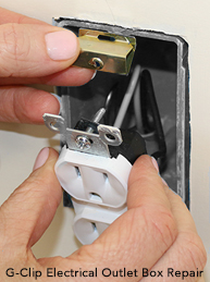 G-Clip repair for stripped or broken-off screw receiver in plastic (and maybe metal) electrical boxes: contact www.g-clip.us