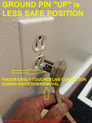 Line cord with wall plug ground prong held in the up position (C) InspectApedia.com Rutherford