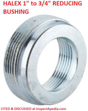 Halex 1-inch to 3/4-inch reducing bushing used to reduce the size of an opening or knock-out in an electrical box or panel - cited & discussed at InspectApedia.com