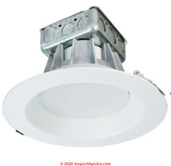 Recessed ceiling light LED retrofit kit cited & discussed at Inspectapedia.com