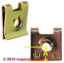 Sheet metal clip or sheet metal nut, wide, for electrical box repairs (C) InspectAPedia.com
