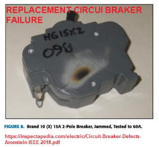Brand X replacement circuit breaker failure documented in Aronstein's 20198 Circuit Breaker test report - cited & discussed at Inspectapedia.com