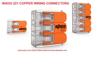 Wago 221 push-wire connectors for copper wire cited & discussed at InspectApedia.com