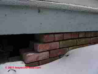 Structural brick wall damage and interior view © Daniel Friedman at InspectApedia.com