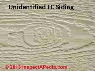 Fiber cement siding knot pattern aids in product manufacturer identification (C) 2013 InspectAPedia Daniel Friedman