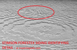 Stimson Forestex hardboard siding identifying knot pattern detail - cited & discussed at InspectApedia.com