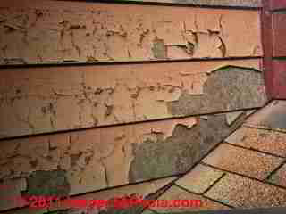 Hardboard siding deterioration © D Friedman at InspectApedia.com 