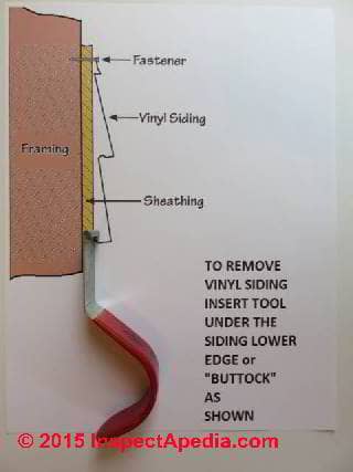 How to use a vinyl siding hook to remove damaged vinyl siding (C) Daniel Friedman InspectAPedia.com
