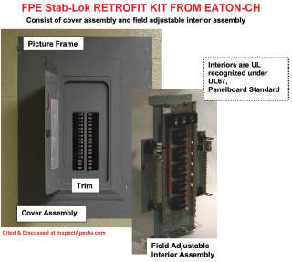 Eaton Cutler Hammer replacement retrofit kit for FPE Stab lok electrical panels cited & discussed at InspectApedia.com