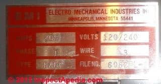 Data tag for EMI Electro Mechanical Industries  identifying label in an FPE Stab-Lok panel in Minnesota (C) InspectApedia J Mika