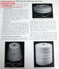 Asbestos yarn advertisement by Johns Manville cited & discussed at InspectApedia.com