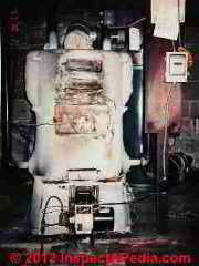 Hardcast asbestos on heating boiler © D Friedman at InspectApedia.com 