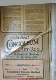 Congoleum Art-Rug, from the Congoleum Canada Ltd. factory in Montreal, made on 1 June 1928 (C) InspectApedia.com  Jennifer McKenna Nova Scotia