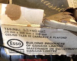 Box labeling for Esso Esteem ceiling tiles used in Canada (C) InspectApedia.com Alain