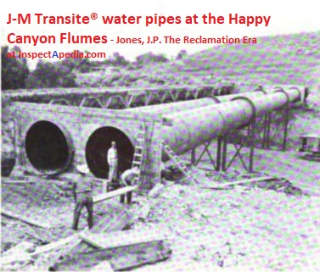 Johns-Manville Transite asbestos water pipe installation during construction of the Happy Canyon Flumes 1955, Jones, J.P., The Reclamation Era, May 1955 cited & discussed at InspectApedia.com