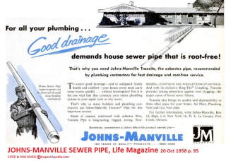 Johns Manville sewer pipe advertisement as appearing in Life magazine 20 Oct. 1958 p. 95 edited (C) InspectApedia.com 