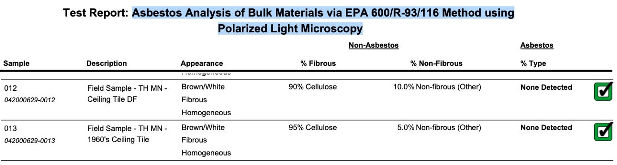 Asbestos test lab report for brown, cellulosic fibre acoustic ceiling tiles, not asbestos (C) Daniel Friedman at InspectApedia.com EMSL 12 13