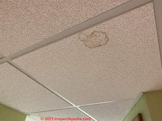 Drop ceiling tile with leak stain (C) InspectApedia.com Doug
