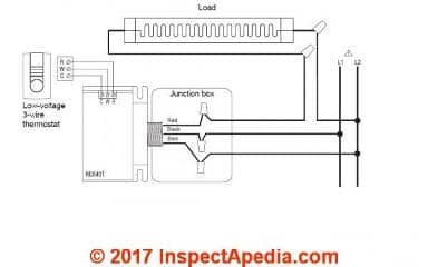 Example wiring diagram for the Aube RC840T switching relay for use with the Nest Thermostat to control 240 or 120V electric heat - at InspectApedia.com