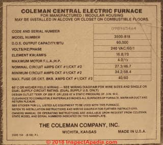 Data tag for a Coleman Electric Furnace Model 3500-818 designed for use in manufactured or modular housing. (C) InspectApedia.com