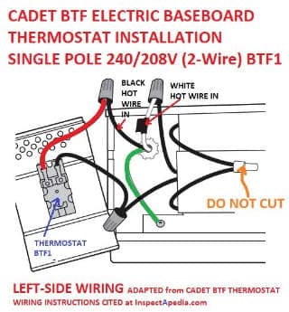 Cadet electric baseboard BTF thermostat wiring connections for a 2-wire 208/240 Volt circuit, cited and discussed at InspectApedia.com