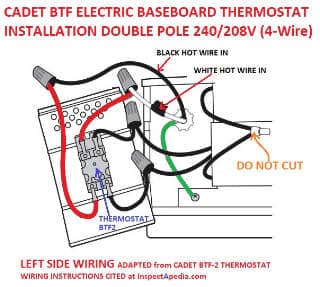 Cadet electric baseboard thermostat wiring BTF2 connections for 240/208 Volt  4 wire circuit (C) InspectApedia.com cited & discussed